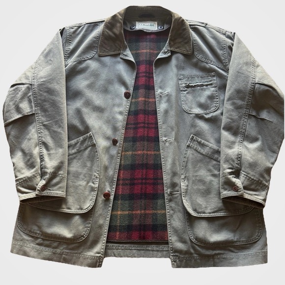 VTG LL Bean Barn Coat Mens Large Green Canvas Plaid Lined Chore Jacket Button - Picture 3 of 10